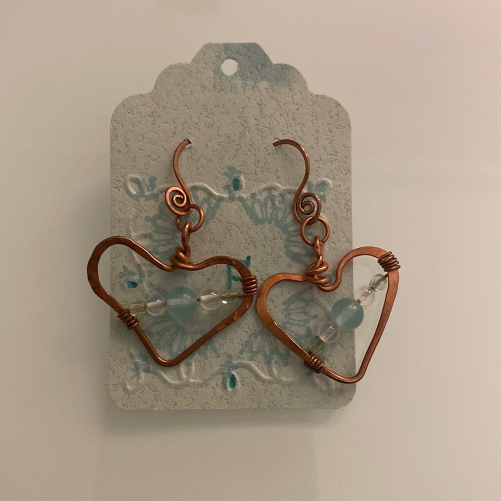 Copper heart earrings with blue beads